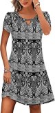 HOTOUCH Women's Casual A-Line Dress with Pockets Summer Beach Floral Tshirt Dress Short Sleeve Mini Dress Flowy Sundresses