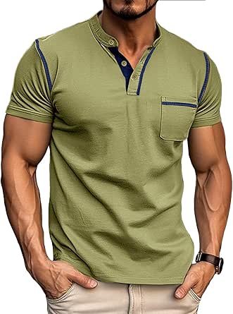 Men's Henley Shirts Casual Classic Short Leeve Collarless Button T-Shirt with Pocket Cotton Top Summer