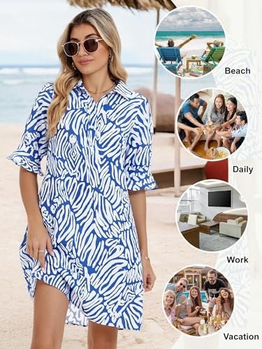 FENSACE Womens Casual Shirt Dress Ruffle Sleeve Solid Color Button Down Shift Summer Dresses with Pockets