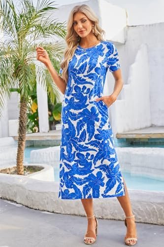 Naggoo Women's Short Sleeve Split Maxi Dress Casual Plain Tie Dye Print Tshirt Long Dresses with Pockets