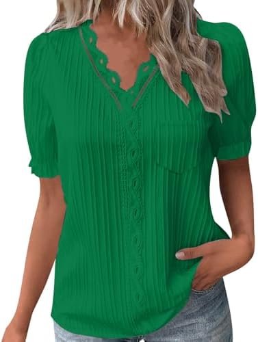 Summer Shirts for Women 2025 Lace V Neck Plain Elegant Shirt Fashion Solid Elegant Blouse Short Sleeve Tops