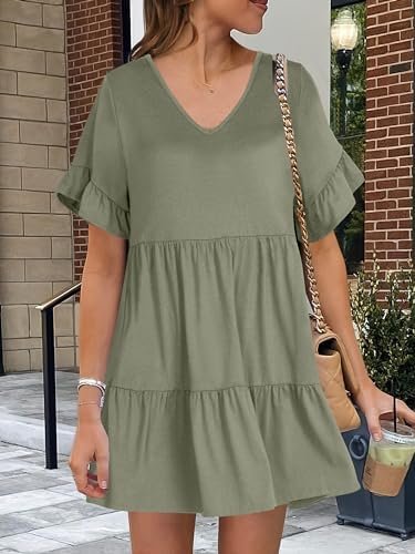 ANRABESS Dresses for Women Summer 2025 V Neck Ruffle Sleeve A Line Tiered Flowy Casual Trendy Mini Beach Dress with Pockets