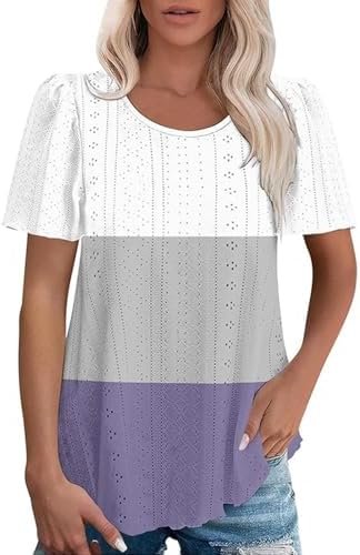 2025 Summer Womens Short Sleeve Tops Dressy Casual Eyelet Embroidery Crewneck T Shirts Trendy Loose Fit Deep V