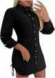 Women's Long Sleeve Button Down Shirt Dress Both Sides Drawstring Long Blouse Tunic Tops Collared Short Mini Dresses
