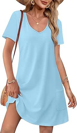 OFEEFAN Summer Dresses for Women 2025 Loose V Neck Short Sleeve Casual T Shirt Dress Sundresses Swimsuit Coverup with Pockets
