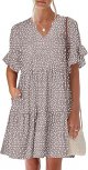 ANRABESS Womens Summer 2025 Trendy Ruffle Short Sleeve V Neck A Line Tiered Flowy Loose Casual Mini Beach Dress with Pockets