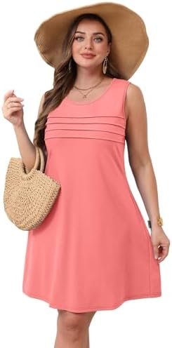 OFEEFAN Womens Pleated Front Tank Dresses Fashion Spring Sleeveless Pockets Sundress Casual Summer