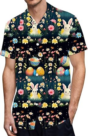 Mens Fashion Casual Easter Festival Printed Lapel Button Pocket Shirt Top Port Mens