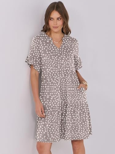 ANRABESS Womens Summer 2025 Trendy Ruffle Short Sleeve V Neck A Line Tiered Flowy Loose Casual Mini Beach Dress with Pockets