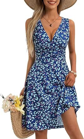 OURIN Women's Spring Deep V Neck Sleeveless Floral Sundresses with Pockets Flowy Summer Dresses for Women 2025