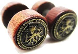 Organic Wood w/Metal Octopus Emblem Stud Post Earrings - New - Pair!