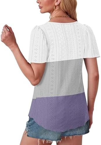 2025 Summer Womens Short Sleeve Tops Dressy Casual Eyelet Embroidery Crewneck T Shirts Trendy Loose Fit Deep V