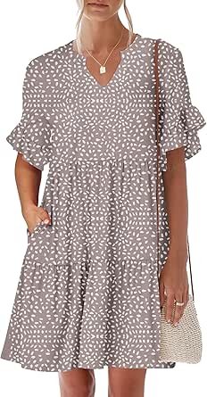 ANRABESS Womens Summer 2025 Trendy Ruffle Short Sleeve V Neck A Line Tiered Flowy Loose Casual Mini Beach Dress with Pockets