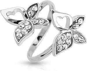 Amelia Fashion Adjustable Toe/Mid Ring Double Butterfly Multi-Paved Gems