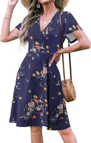 ETCYY NEW Womens Summer Dresses Slant Open V Neck Floral Printed Sundresses Flowy Dress Short Sleeve