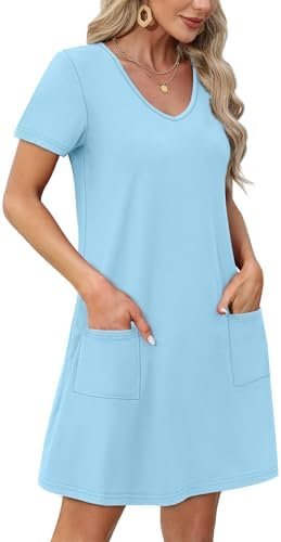 OFEEFAN Summer Dresses for Women 2025 Loose V Neck Short Sleeve Casual T Shirt Dress Sundresses Swimsuit Coverup with Pockets