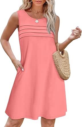 OFEEFAN Womens Pleated Front Tank Dresses Fashion Spring Sleeveless Pockets Sundress Casual Summer