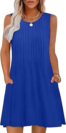 OFEEFAN Summer Dresses for Women 2025 Loose Beach Vacation Casual Crew Neck Sleeveless Sundresses with Pockets Tank Dress