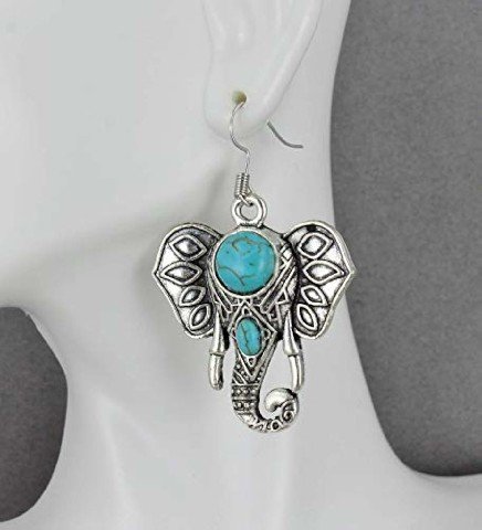 Antiqued Silver Elephant Earrings Trunk Ears Pendant 2 1/8" Long Turquoise Bead