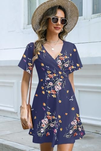 ETCYY NEW Womens Summer Dresses Slant Open V Neck Floral Printed Sundresses Flowy Dress Short Sleeve