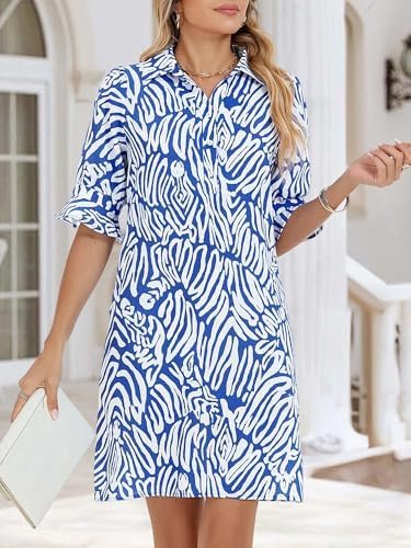 FENSACE Womens Casual Shirt Dress Ruffle Sleeve Solid Color Button Down Shift Summer Dresses with Pockets