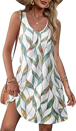 OFEEFAN Womens Summer Dresses 2025 Loose V Neck Sleeveless Sundresses Swimsuit Coverup with Pockets Floral/Plain/Eyelet