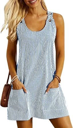 ETCYY NEW Womens Sleeveless Summer Dresses 2025 Cusual U Neck Sundresses Striped Printed Short Dress with Pocket