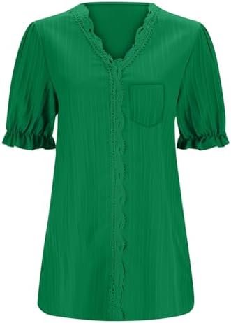 Summer Shirts for Women 2025 Lace V Neck Plain Elegant Shirt Fashion Solid Elegant Blouse Short Sleeve Tops