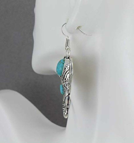 Antiqued Silver Elephant Earrings Trunk Ears Pendant 2 1/8" Long Turquoise Bead