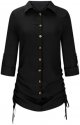 Women's Long Sleeve Button Down Shirt Dress Both Sides Drawstring Long Blouse Tunic Tops Collared Short Mini Dresses