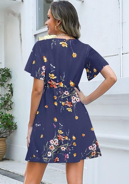 ETCYY NEW Womens Summer Dresses Slant Open V Neck Floral Printed Sundresses Flowy Dress Short Sleeve