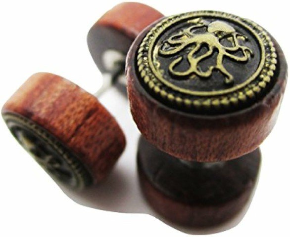 Organic Wood w/Metal Octopus Emblem Stud Post Earrings - New - Pair!