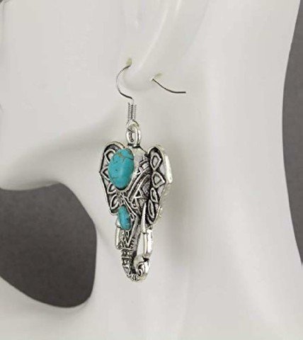 Antiqued Silver Elephant Earrings Trunk Ears Pendant 2 1/8" Long Turquoise Bead