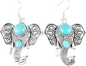 Antiqued Silver Elephant Earrings Trunk Ears Pendant 2 1/8" Long Turquoise Bead