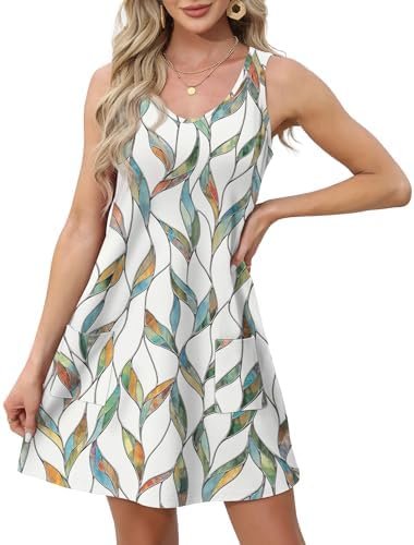 OFEEFAN Womens Summer Dresses 2025 Loose V Neck Sleeveless Sundresses Swimsuit Coverup with Pockets Floral/Plain/Eyelet