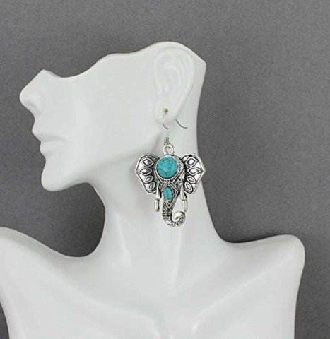Antiqued Silver Elephant Earrings Trunk Ears Pendant 2 1/8" Long Turquoise Bead