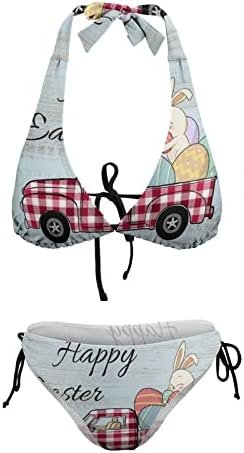 Swimwear Women V-Neck Happy Easter Trunk Rabbit Buffalo Plaid Two Piece Wrap Coastal Adjustable Strap Halter String