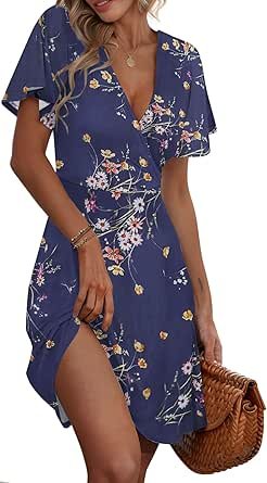 ETCYY NEW Womens Summer Dresses Slant Open V Neck Floral Printed Sundresses Flowy Dress Short Sleeve