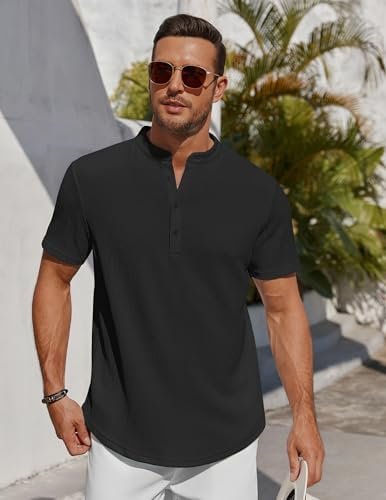COOFANDY Men's Henley Shirt Short Sleeve Stand Collar Summer Casual Beach Hippie T-Shirts