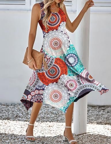 HOTOUCH Women's Casual Summer Dress Sleeveless Sundress Hankerchief Hem Midi Tank Dresses Beach Dress with Pockets