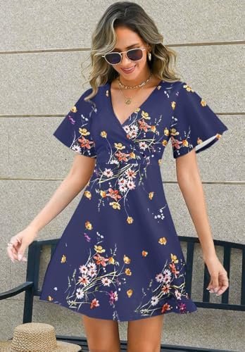 ETCYY NEW Womens Summer Dresses Slant Open V Neck Floral Printed Sundresses Flowy Dress Short Sleeve