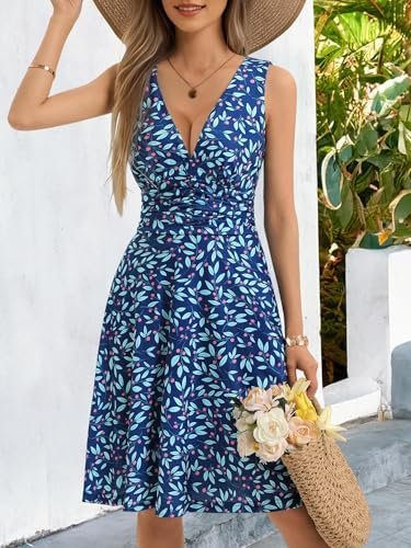 OURIN Women's Spring Deep V Neck Sleeveless Floral Sundresses with Pockets Flowy Summer Dresses for Women 2025