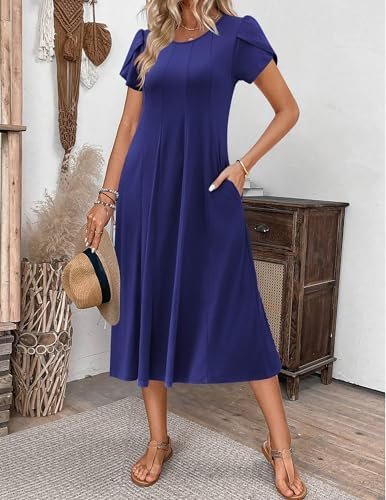 Zeagoo Womens Casual Dresses for Summer Short Sleeve Flare Midi Dress Loose Flowy Beach Sundress